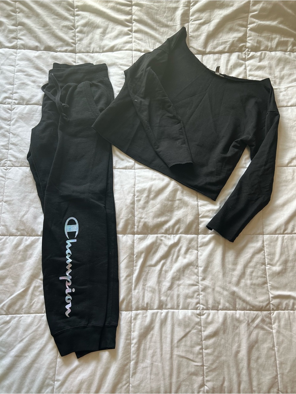 Champion Black Logo Joggers with Pastel Script and an Off the Shoulder Sweatshi